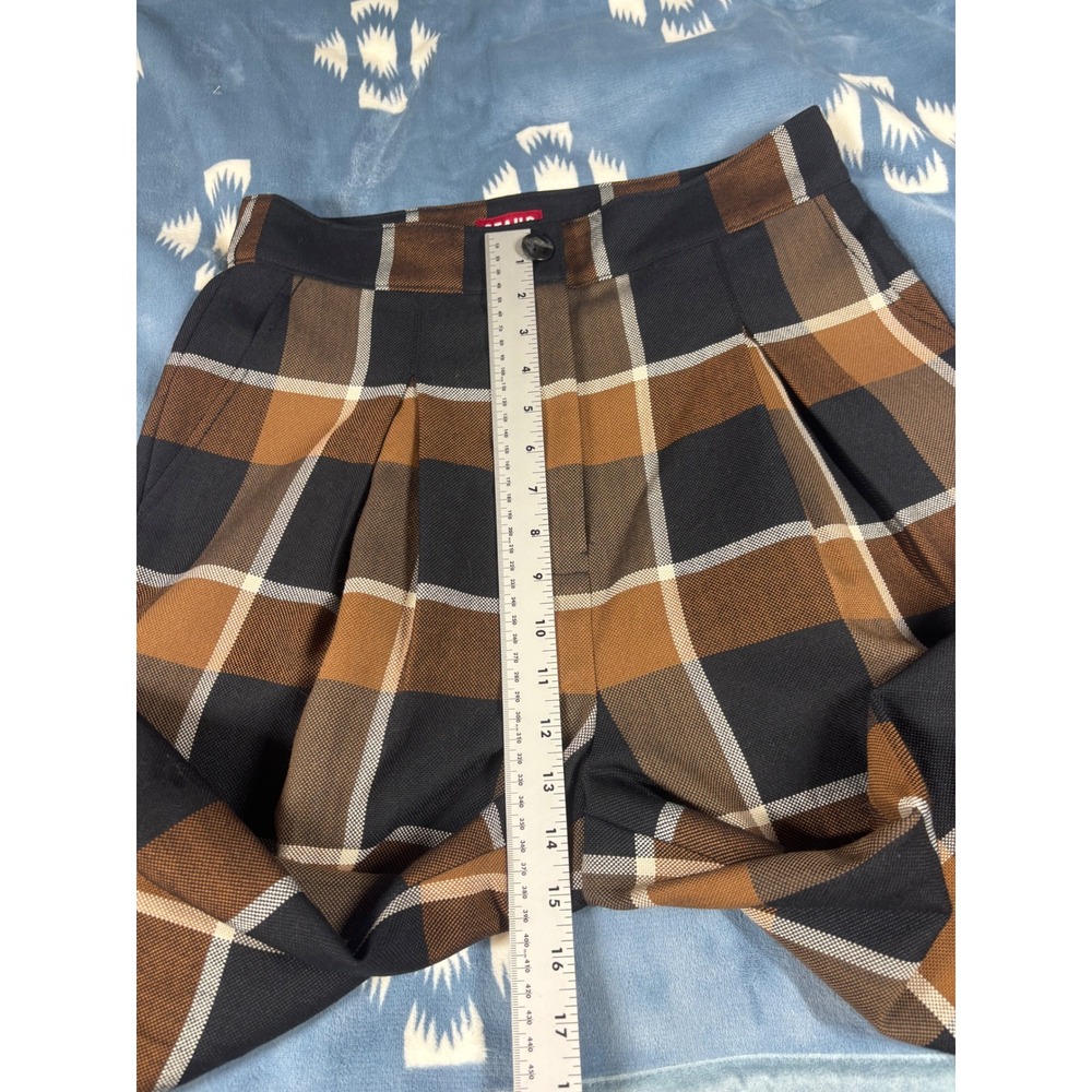 Staud Brown Plaid Wide Leg High Waisted Pleated Trousers Pants Size 10 - Picture 6 of 13